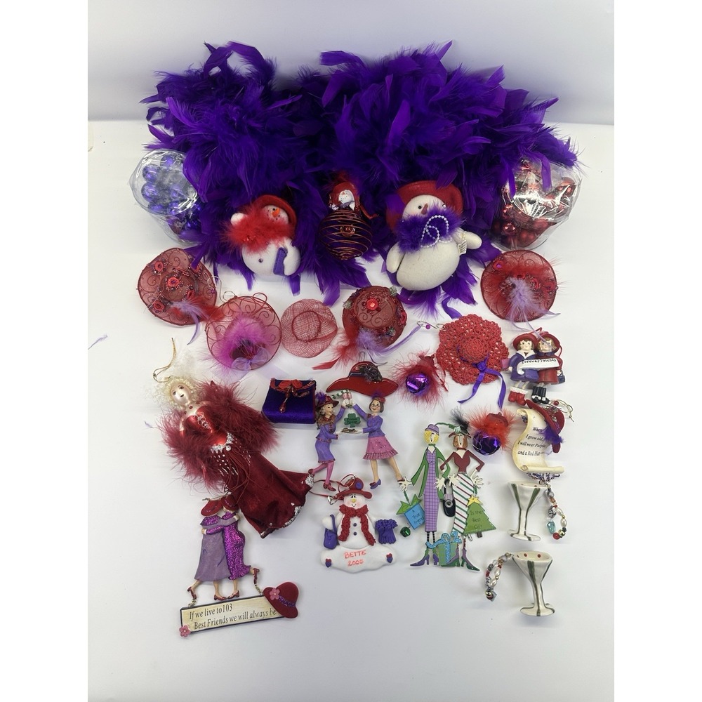 Red Hat Society 21 Ornament Lot Lighted Purple Feather Boa Holiday Decor